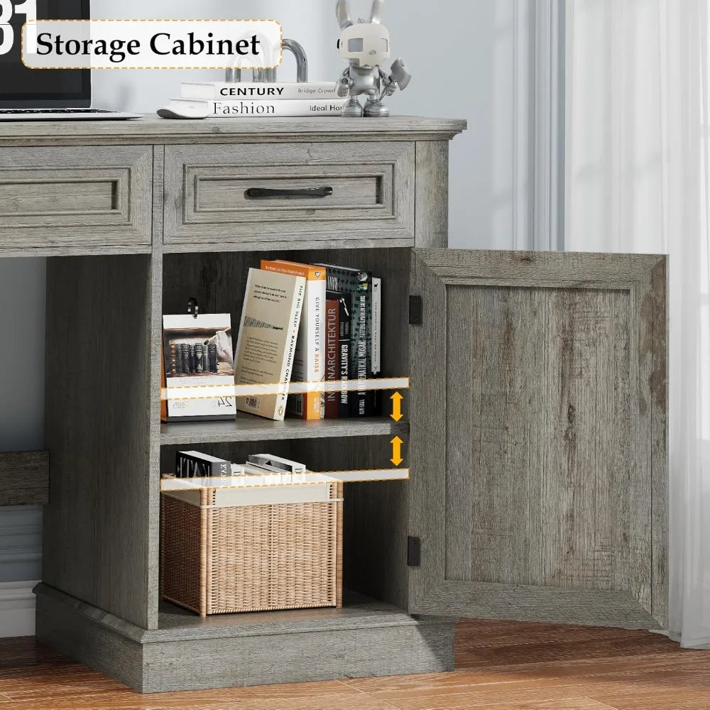 Rustic Farmhouse Executive Desk with Storage and Charging Station