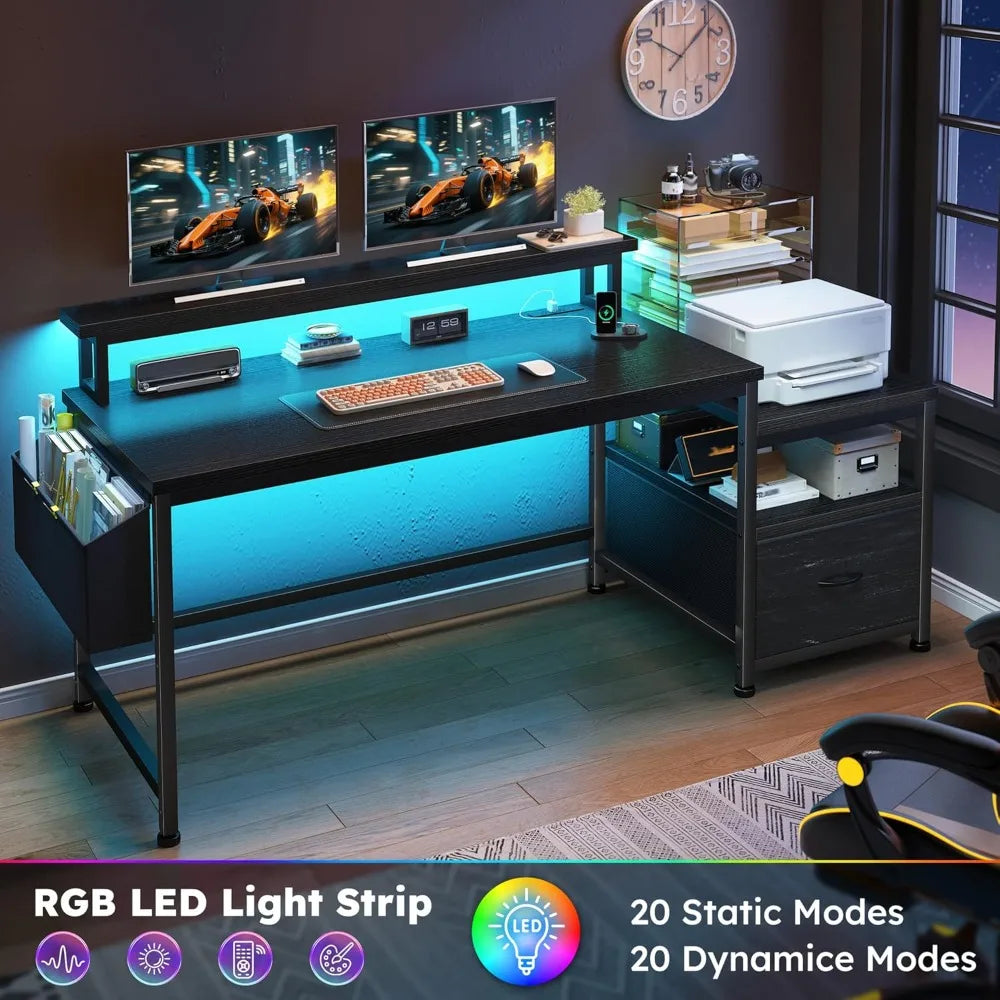 Ljustra Computer Desk with Power Outlets LED Lights Storage Home Office