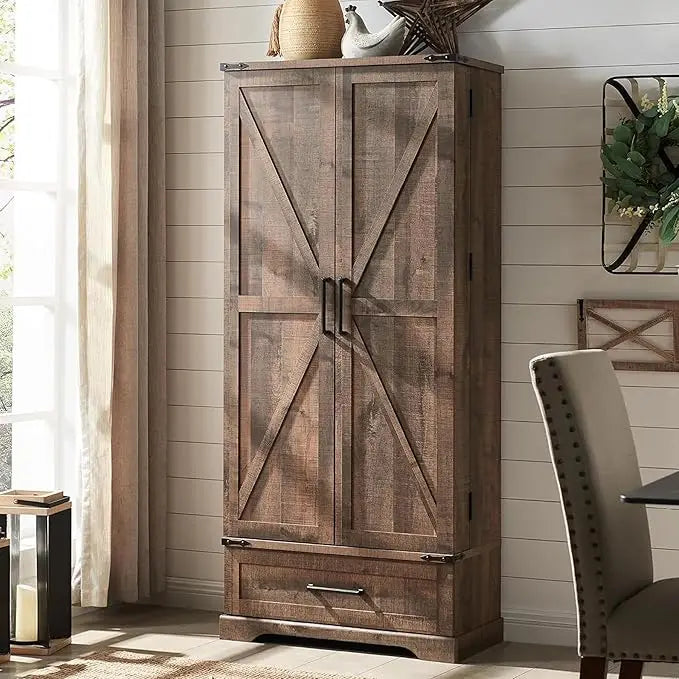 72 Inch Farmhouse Kitchen Pantry Cabinet with Drawer and Barn Doors