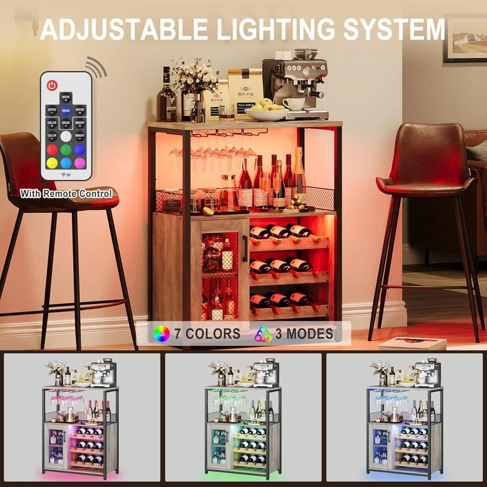 3-Tier Wine Bar Cabinet LED Light Detachable Rack Storage Sideboard