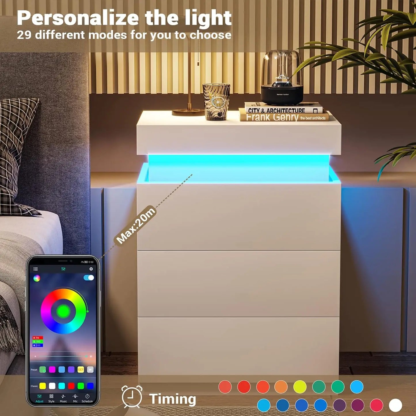 Nightstand with Charging Station LED Lights Modern Sliding Drawer