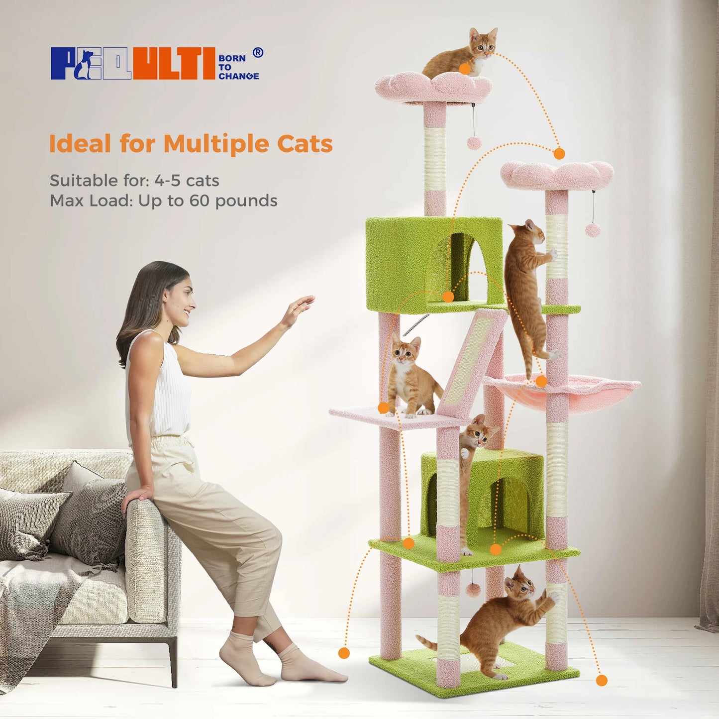 Multi-Level Cat Tree Indoor Tower with Scratching Posts Hammock Condo