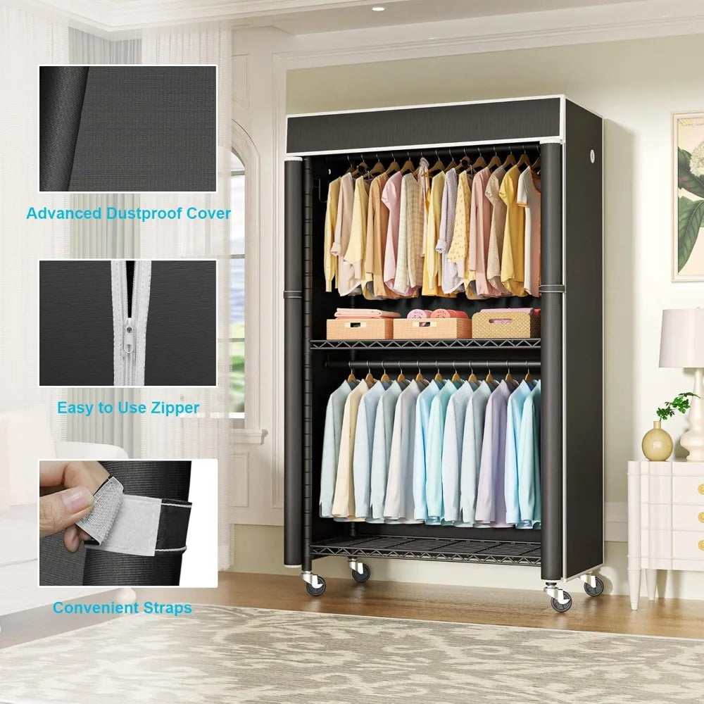 Clothing Rack with Cover Rolling Closet Metal Garment Rack Storage