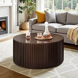Round Wood Coffee Table Set of 2 Handcrafted Modern Accent Tables