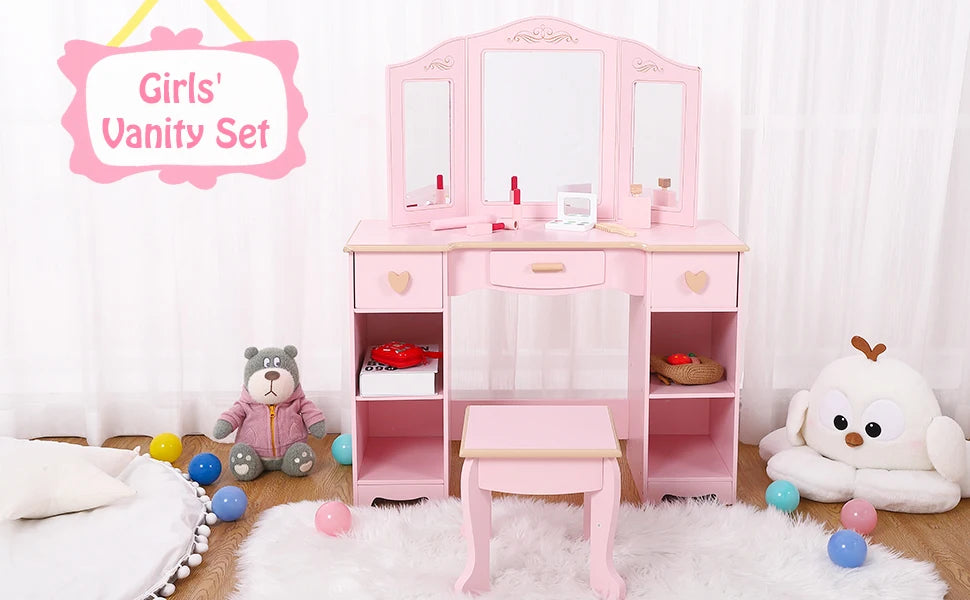 Girls Vanity Table and Chair Set Kids Makeup Dressing Table Wood Toy