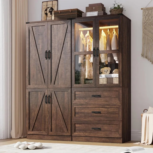 Ljustra 75" Tall Farmhouse 4 Doors Armoire Wardrobe Closet with LED