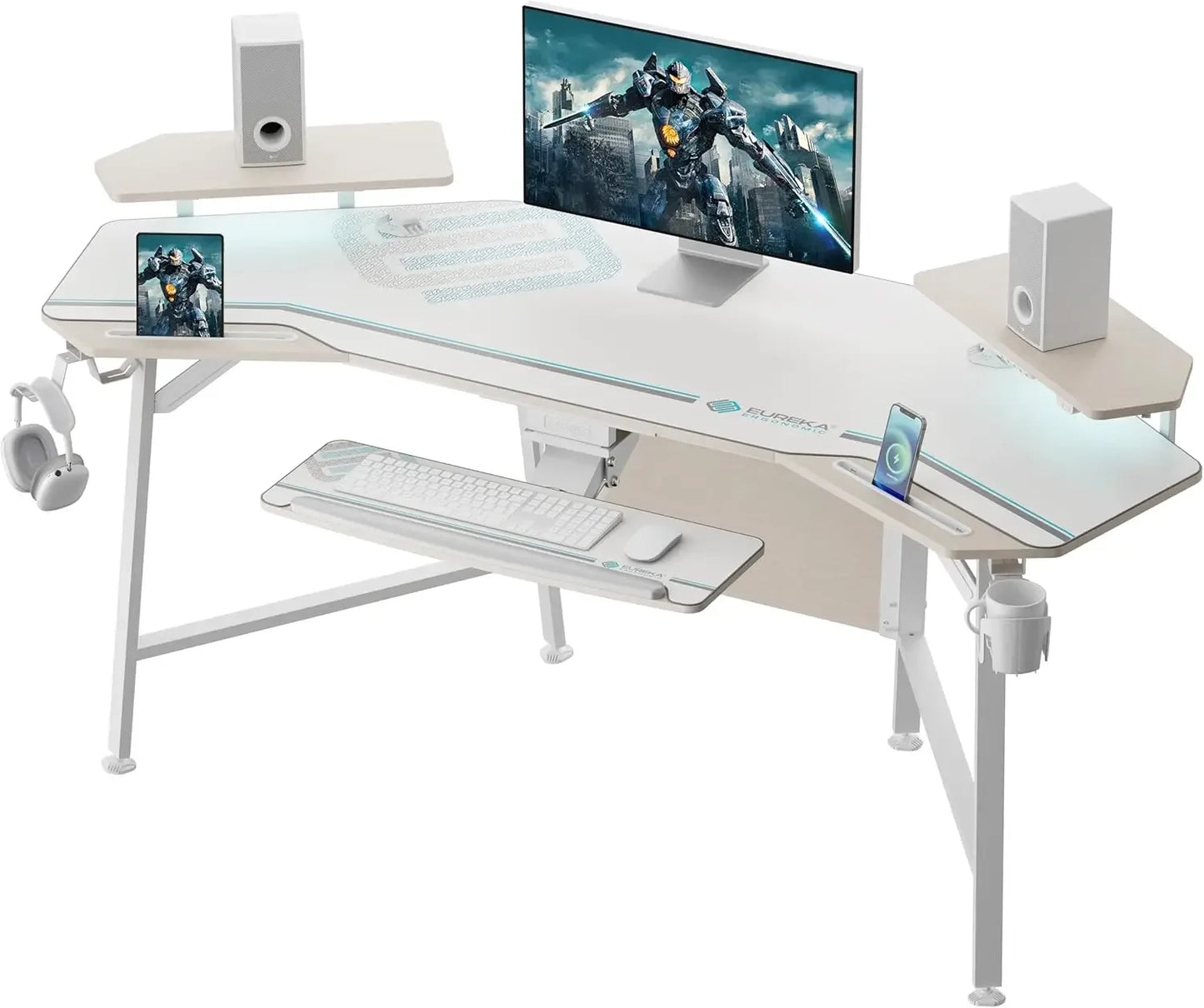 Gaming Desk with LED Lights 72 Inch Wing Shaped Computer Desk with Tray