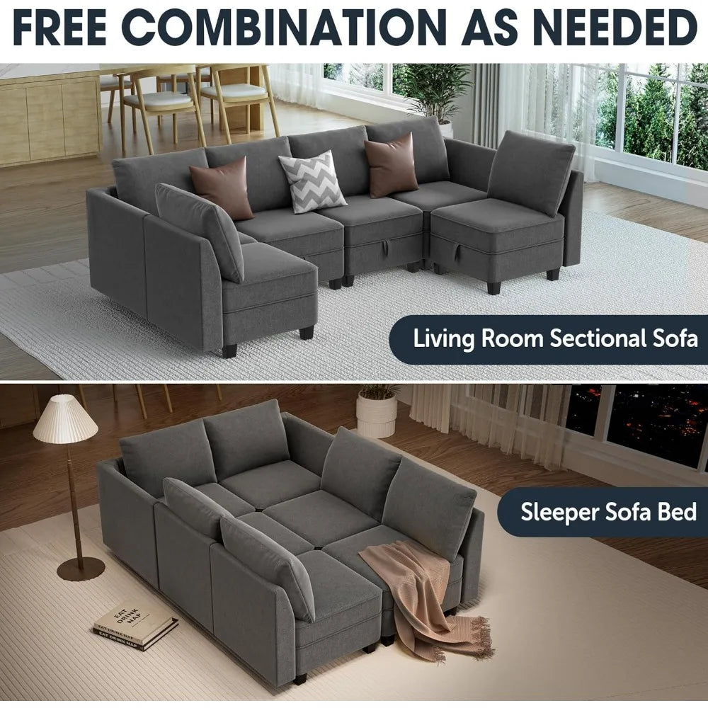 Modular Convertible Sectional Sofa 6-Seat U/L Shape Couch Storage Grey White