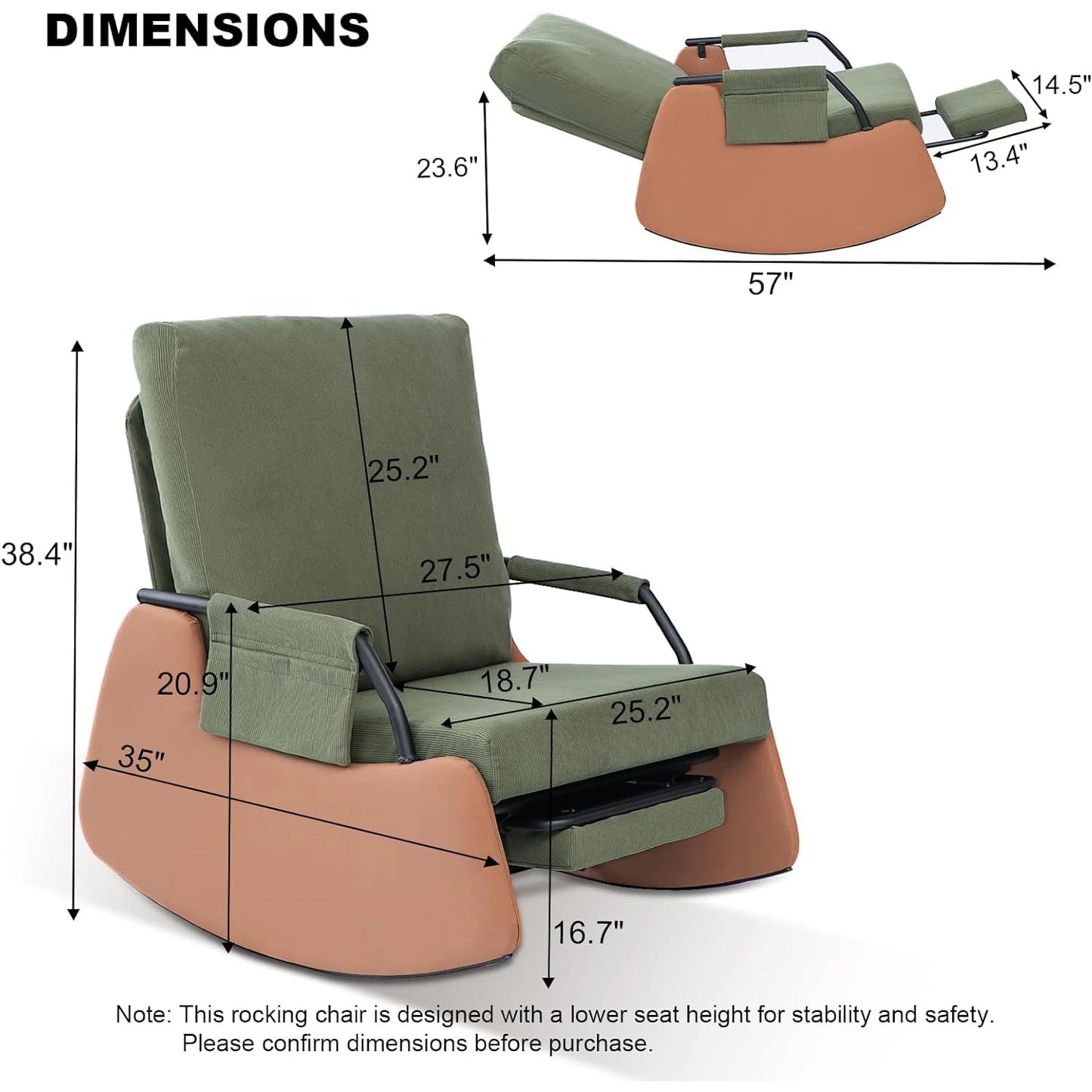 Ljustra Rocking Recliner Chair Modern Sofa Upholstered Glider 3 Levels
