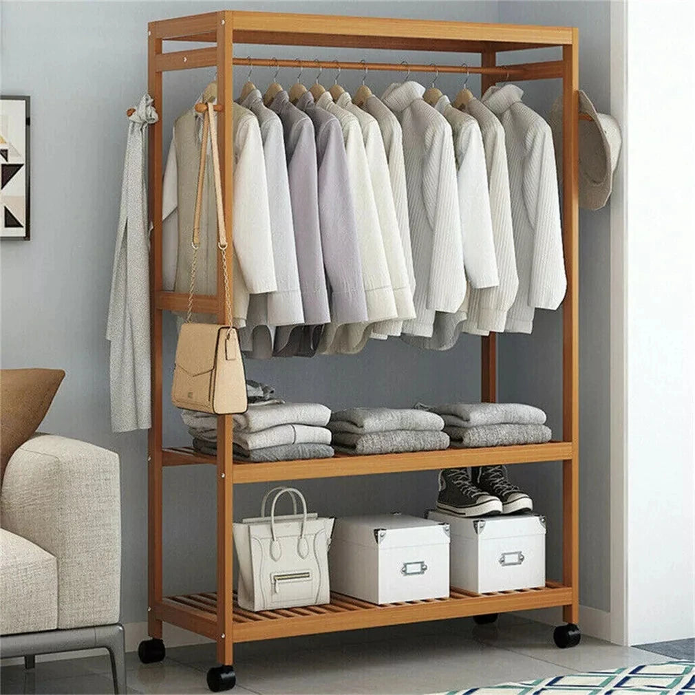 Bamboo Garment Rack with Wheels Multifunctional Clothing Organizer