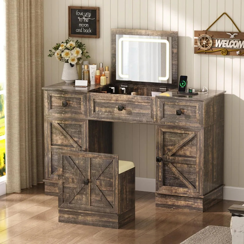 3-in-1 Vanity Desk with LED Lights and Mirror Compact Makeup Table