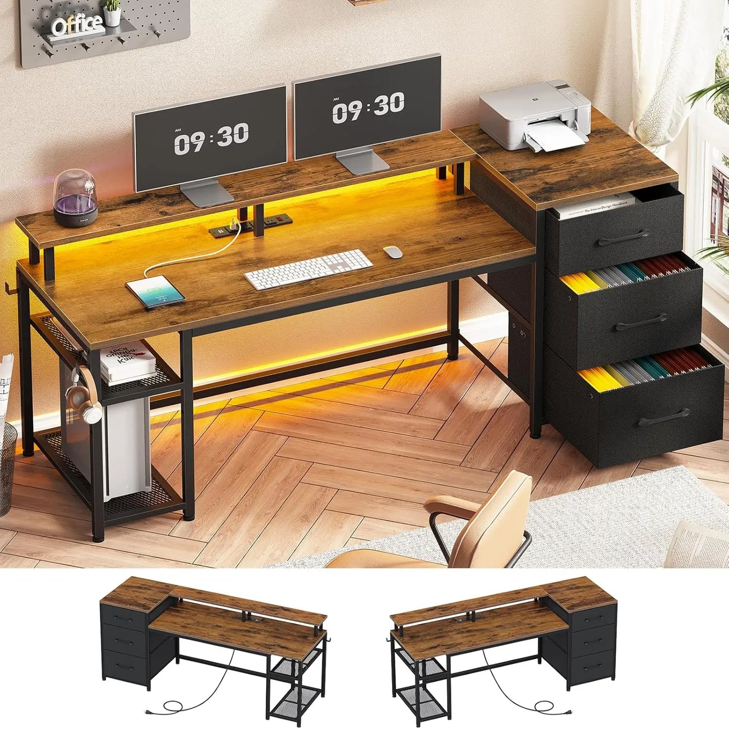 59 Inch Office Desk with Drawers Gaming Desk LED Lights Power Outlet