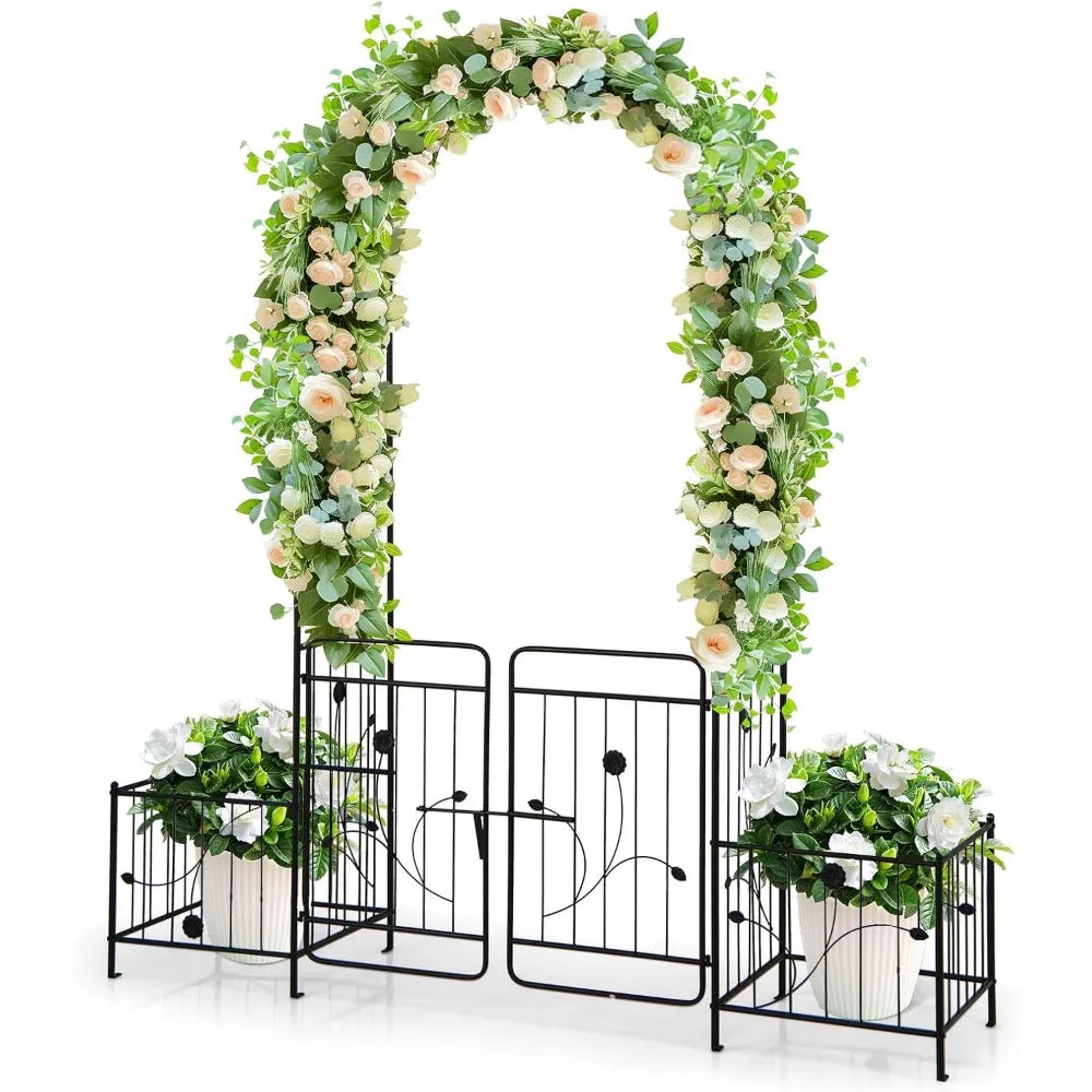 Ljustra Garden Arbor 87" Metal Archway Pergola with Lockable Gate and Planters