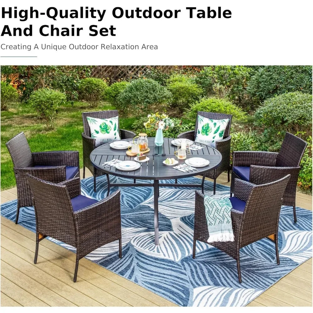 7 Piece Patio Dining Set Round Table 6 Wicker Chairs Outdoor Furniture