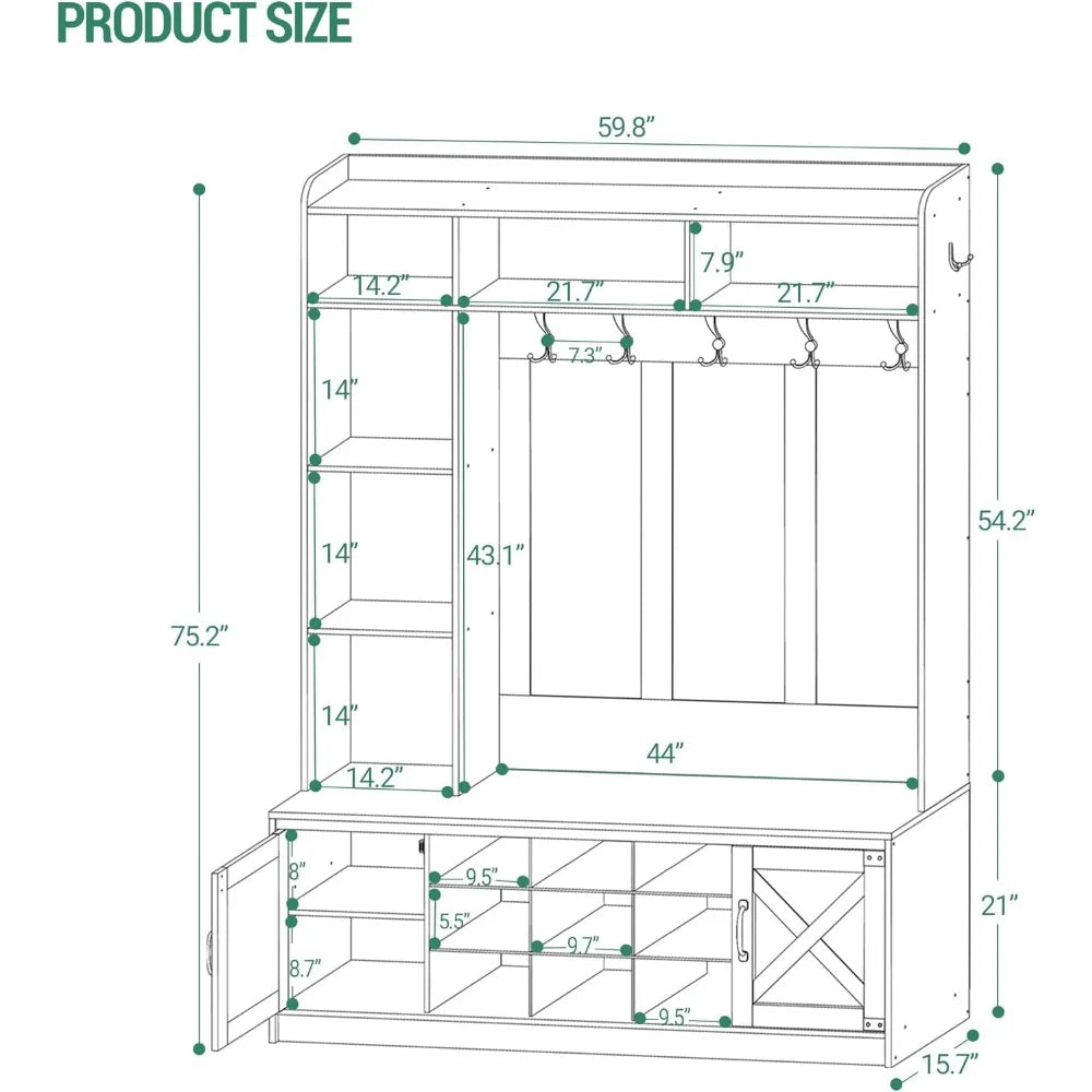 59.8" Hall Tree LED Farmhouse Entryway Storage Coat Rack Bench Hooks