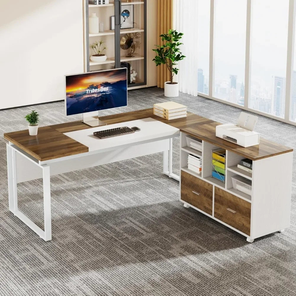 L-Shaped Executive Desk with Reversible File Cabinet Office Desk Set