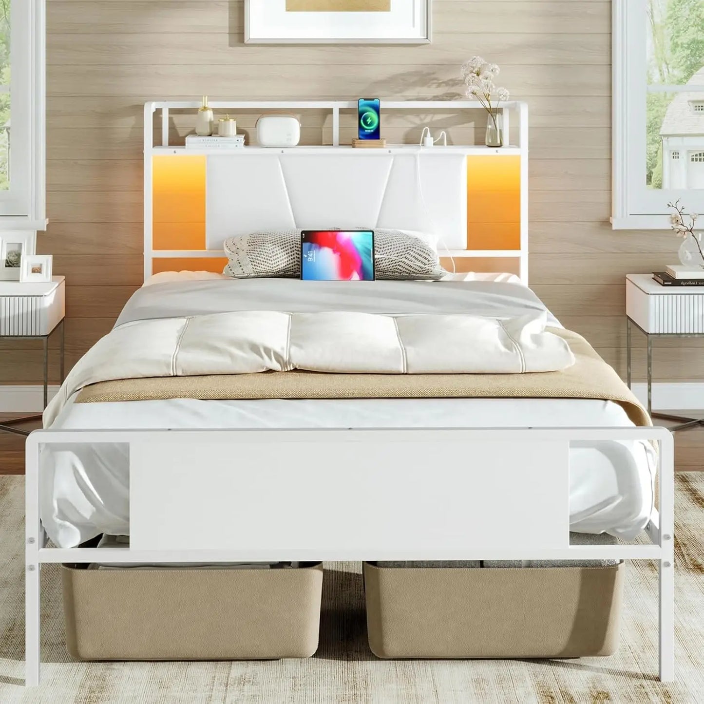 Twin Bed Frame Upholstered Headboard LED Charging Station Storage