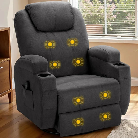 Recliner Chair 360° Swivel Rocker Massage Chair with Cup Holders Pockets