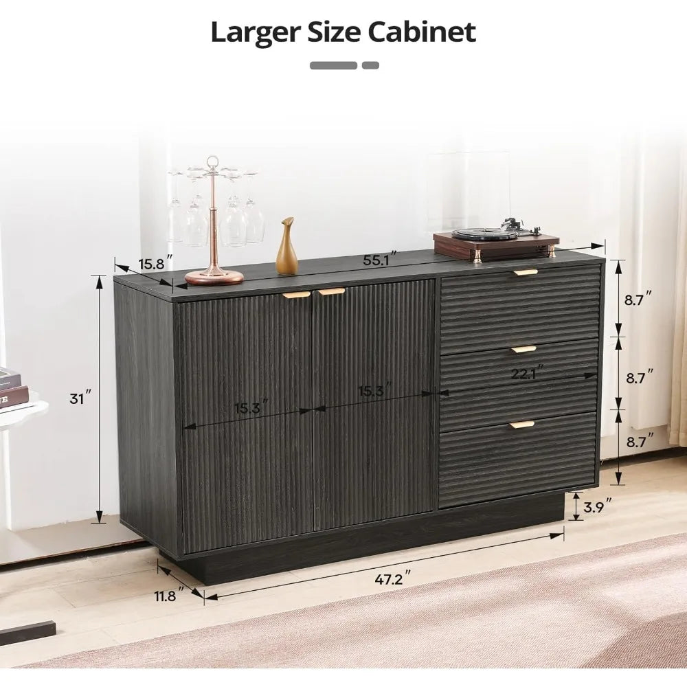 55 Inch Large Fluted Sideboard Buffet Cabinet Modern Storage Table