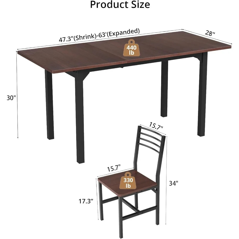 63 Inch Extendable Dining Table Set for 4-6 with Chairs Kitchen Furniture