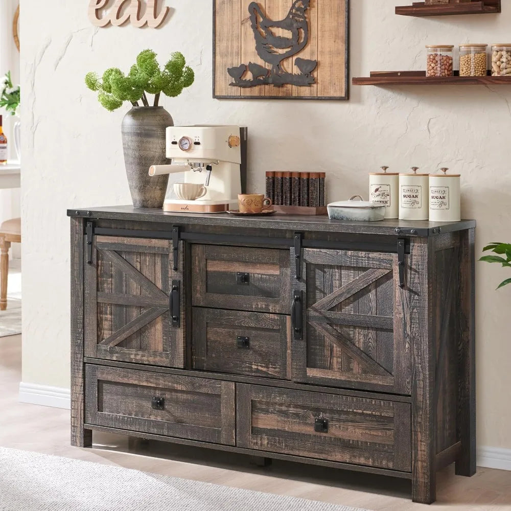 Farmhouse Buffet Cabinet with Sliding Barn Doors and Storage Drawers