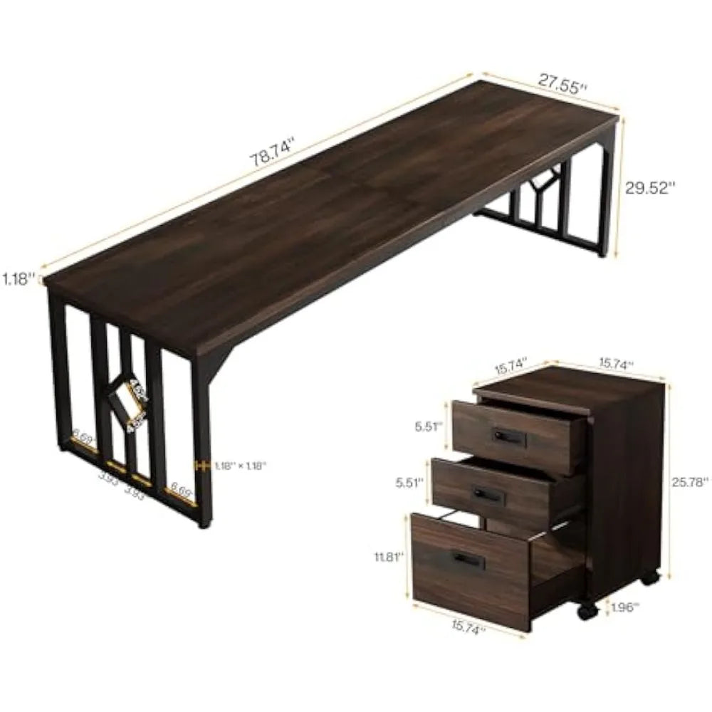 Extra Long 78.7 Inch 2 Person Desk with File Cabinet for Home Office