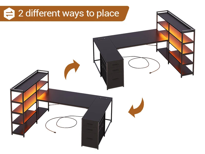 L Shaped Gaming Desk with Power Outlet LED Lights and Storage Shelves