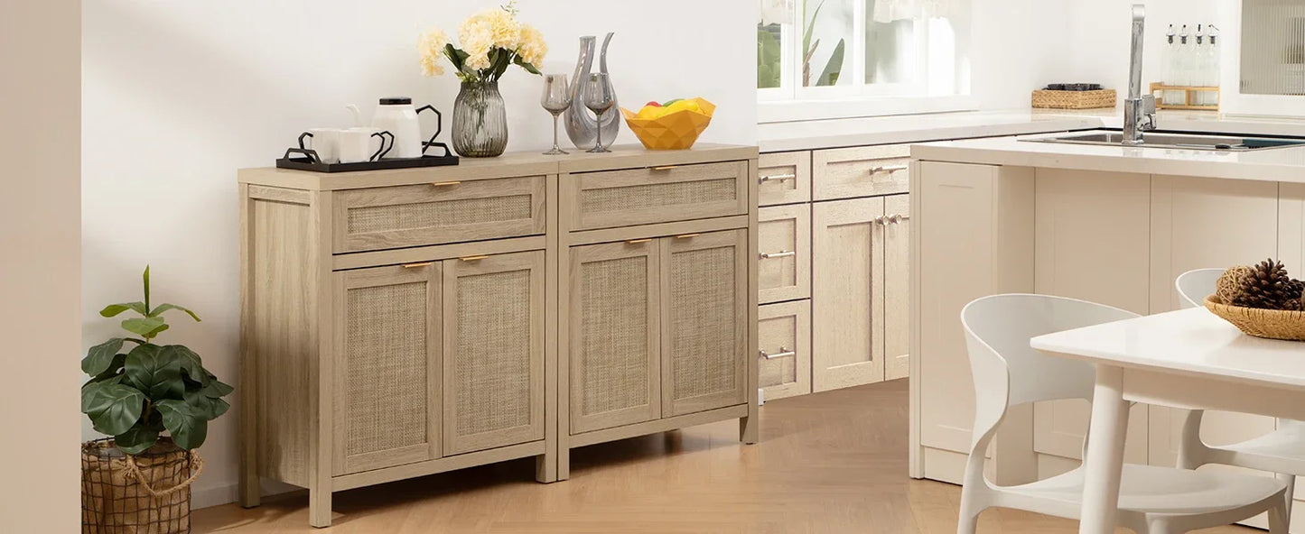 Buffet Storage Cabinet 2-piece Set Bohemian Rattan Sideboard Console