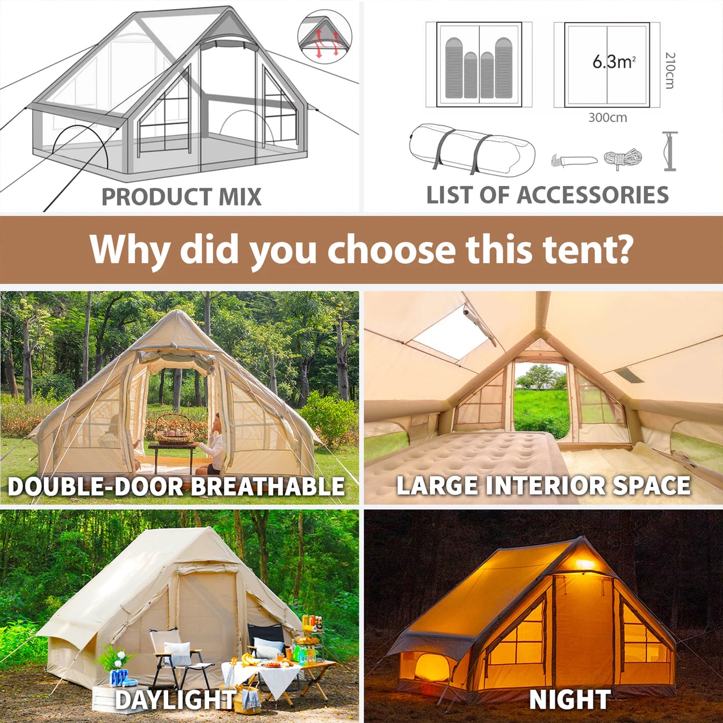 9.8x7 Inflatable Camping Tent 4-6 Person All-Season Blow Up Tent