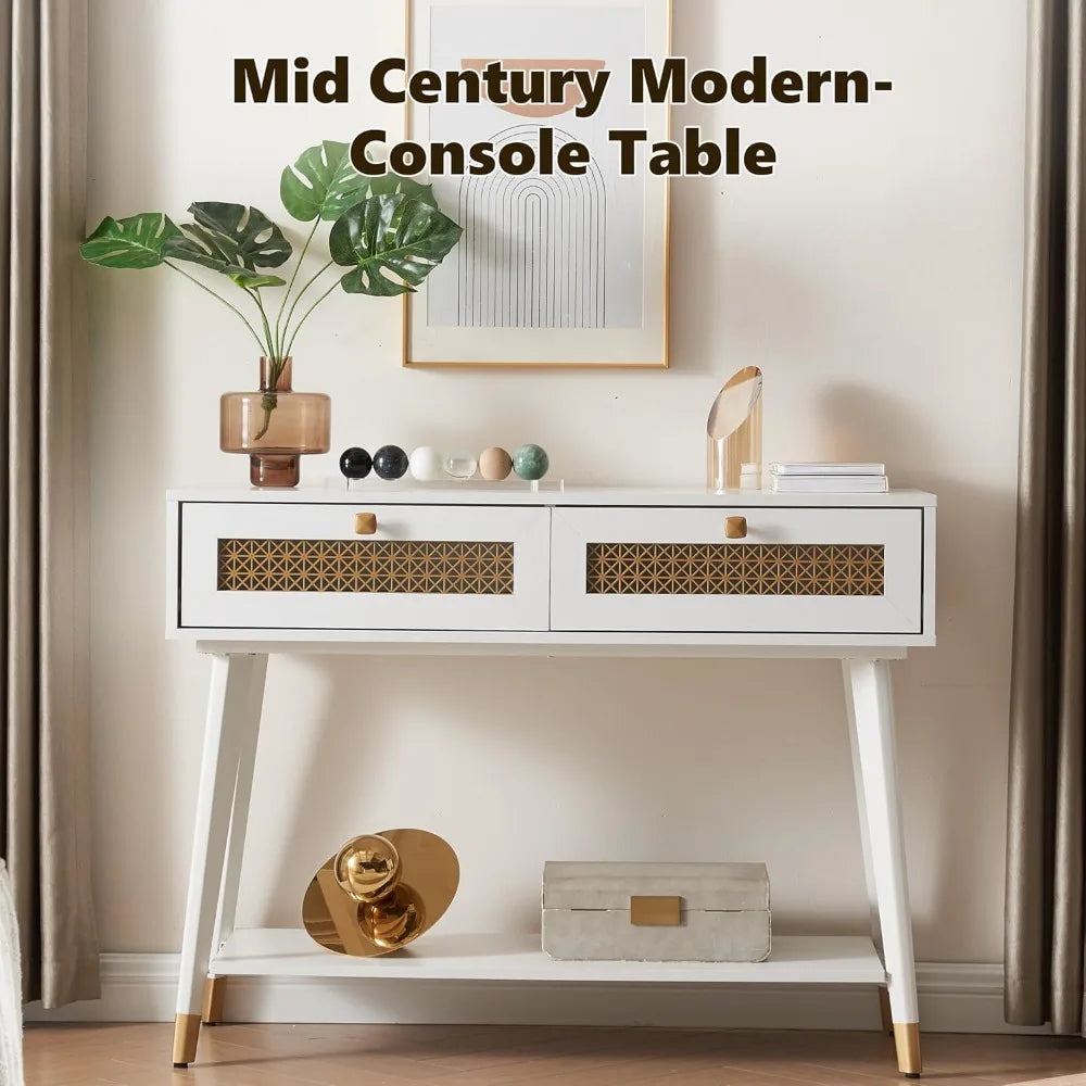 Mid Century Modern Console Table 2 Drawers Open Shelf Entryway Living Room