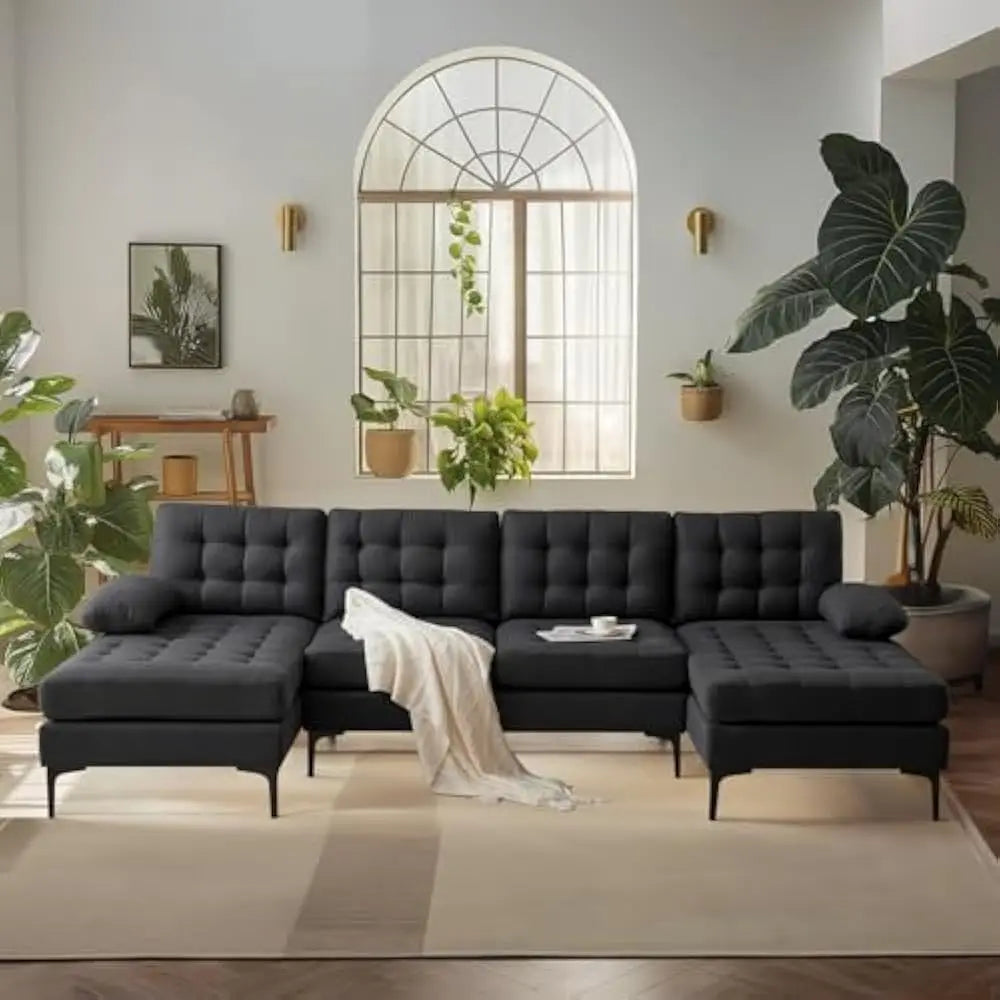 Modern U Shaped Sectional Sofa with Double Chaise, Tufted Button Couch