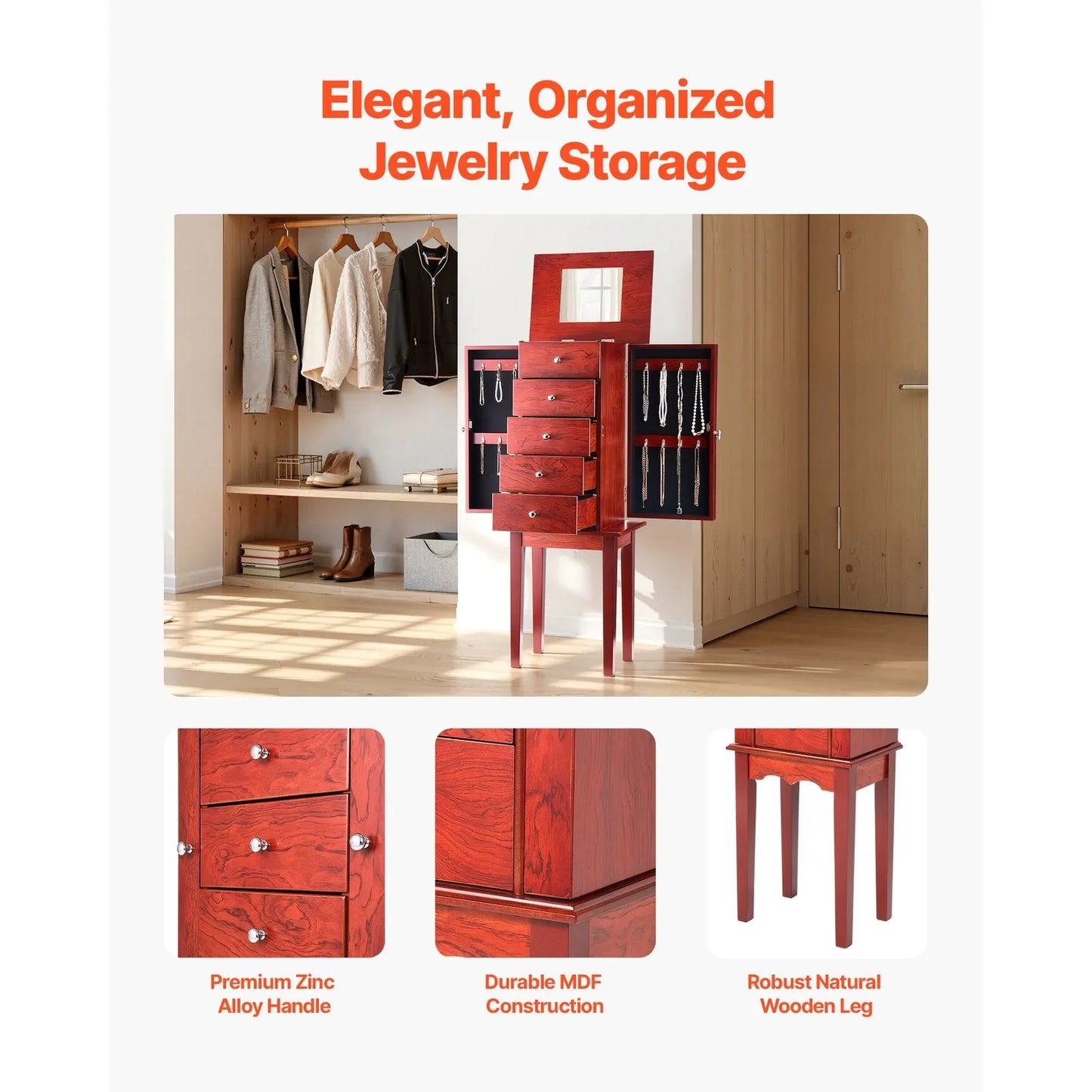 Jewelry Cabinet Armoire Standing Storage Chest with Mirror and Drawers
