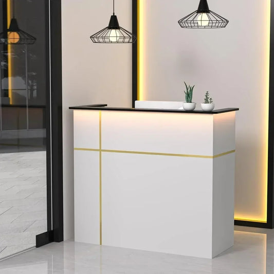Reception Desk with LED Lights Modern Checkout Counter with Storage Lockers