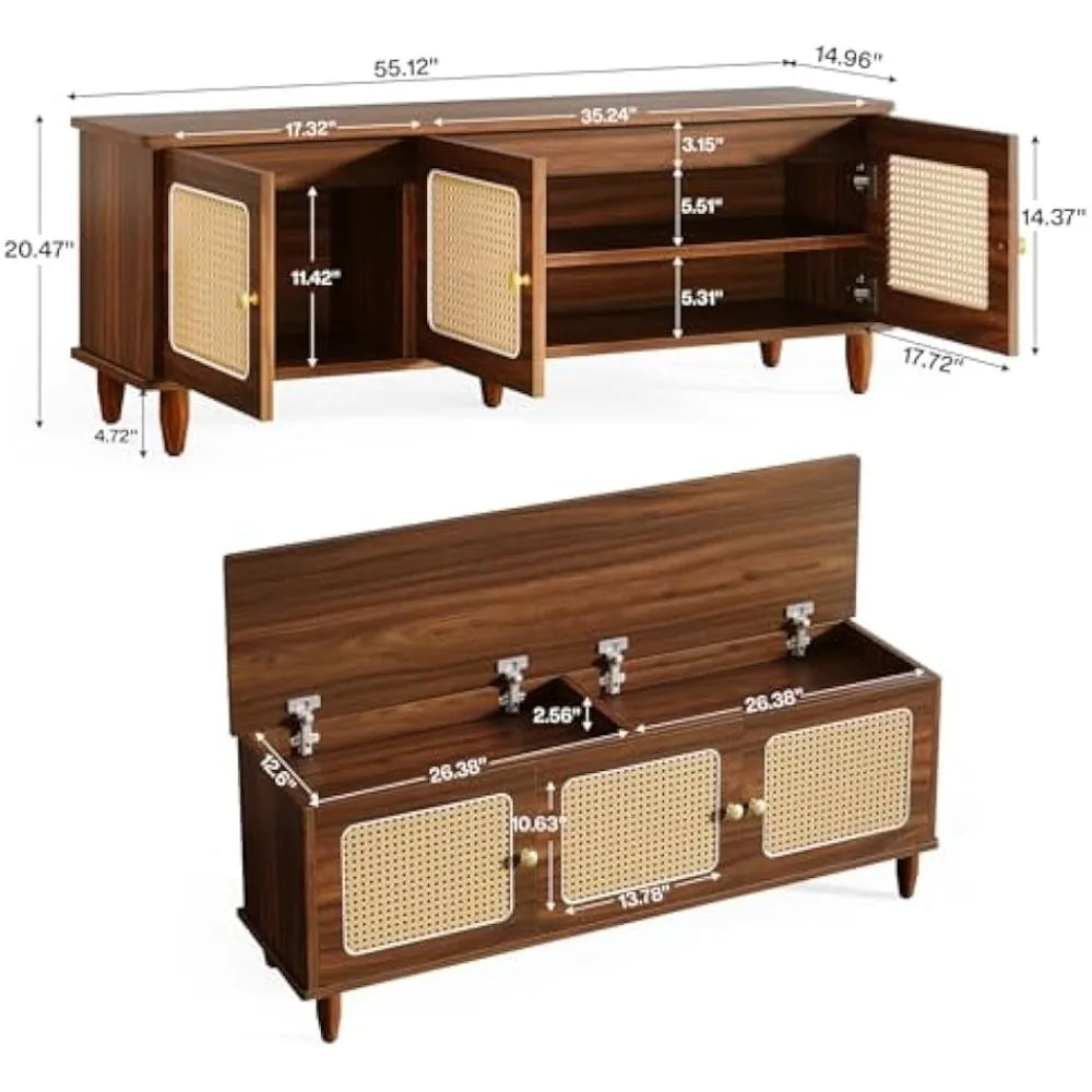 Ljustra Shoe Bench Lift Top Storage 2-Tier Entryway Cabinet Rattan Doors