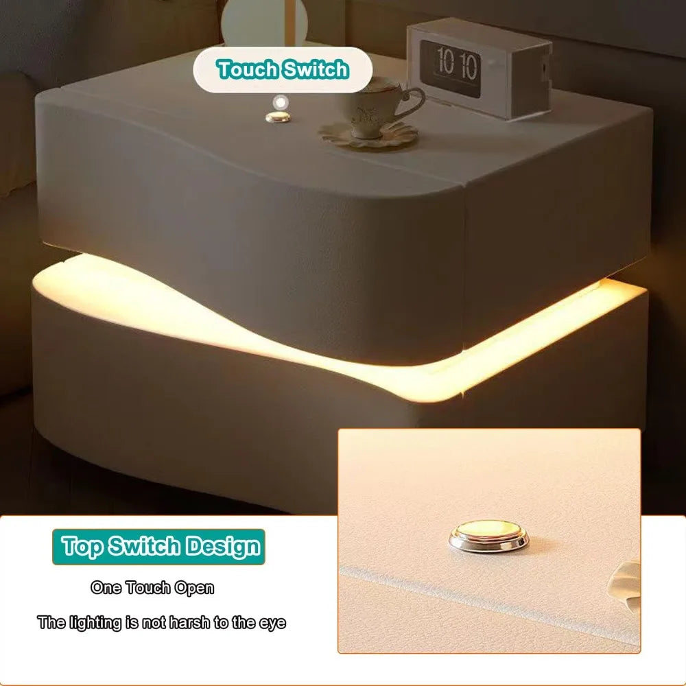 Solid Wood Nightstand with LED Tubes Modern Bedside Table 2 Drawers
