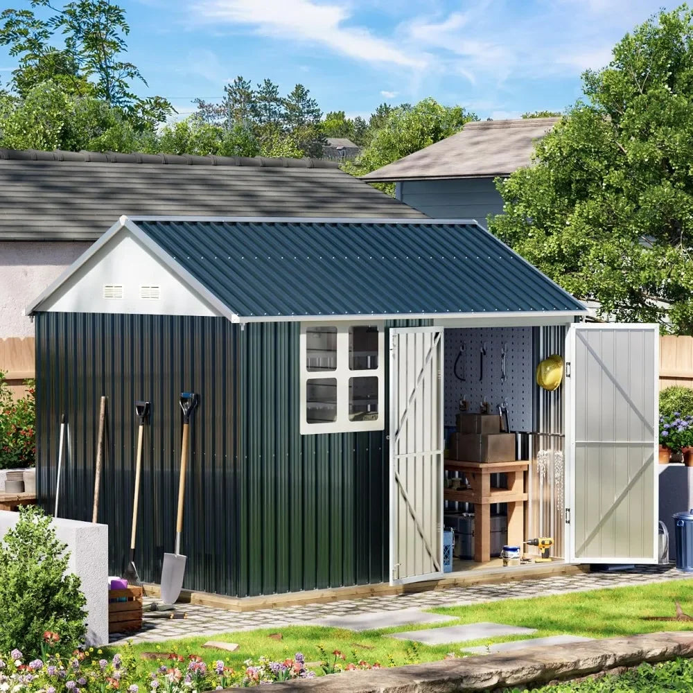 Outdoor Steel Storage Shed with Lockable Doors and Window for Garden