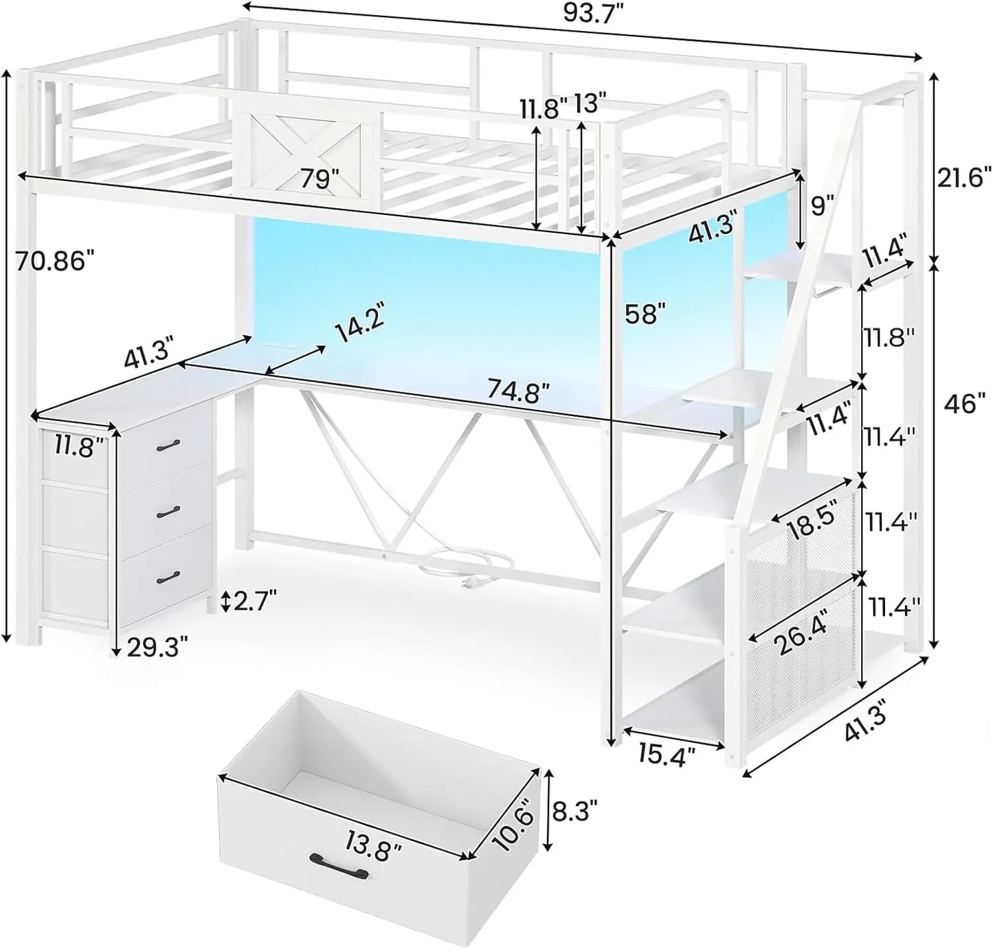 Stairway Twin Loft Bed with L Shaped Desk Wardrobe LED Lights Fabric Drawers