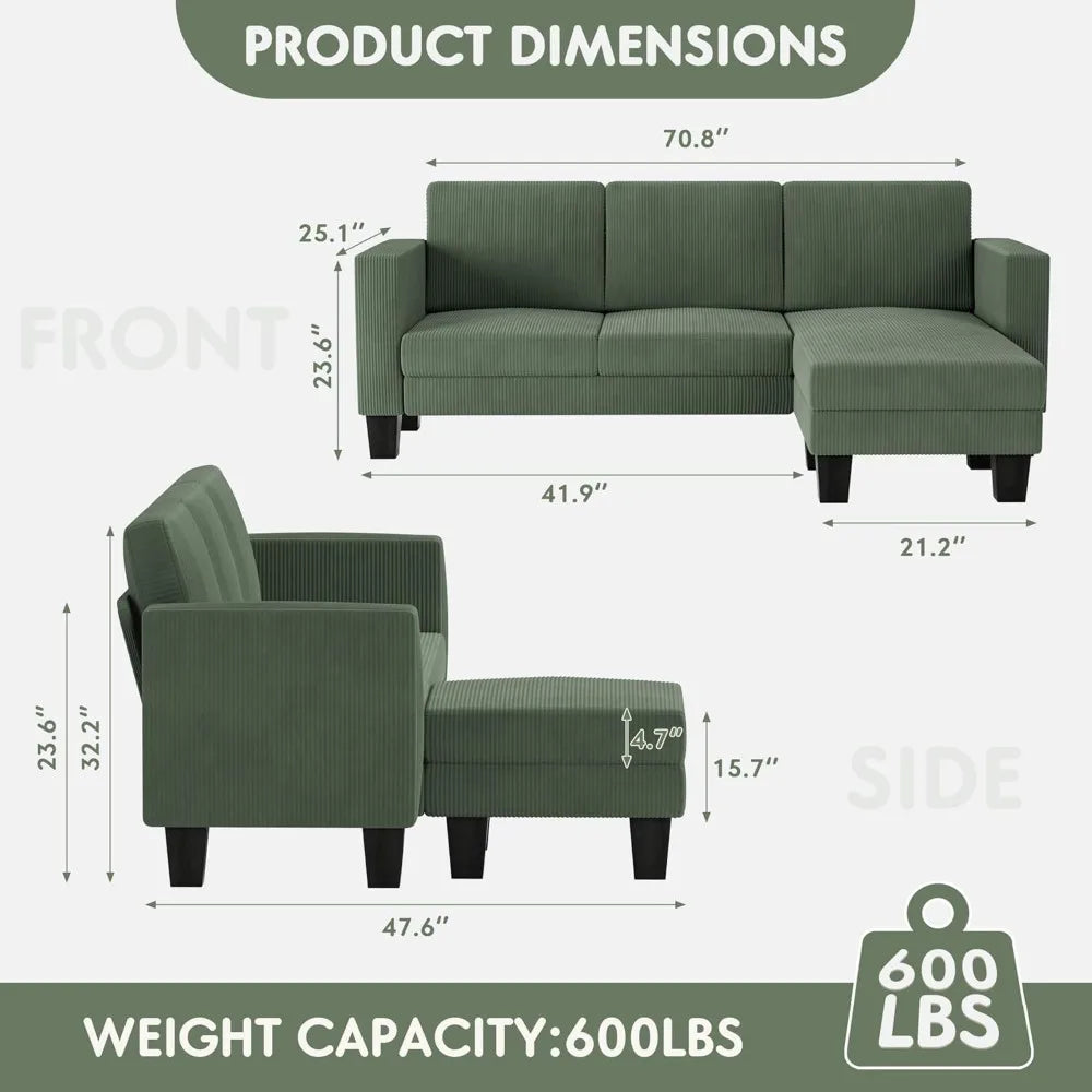 L-Shaped Convertible Sectional Sofa with Mobile Footrest for Living Room