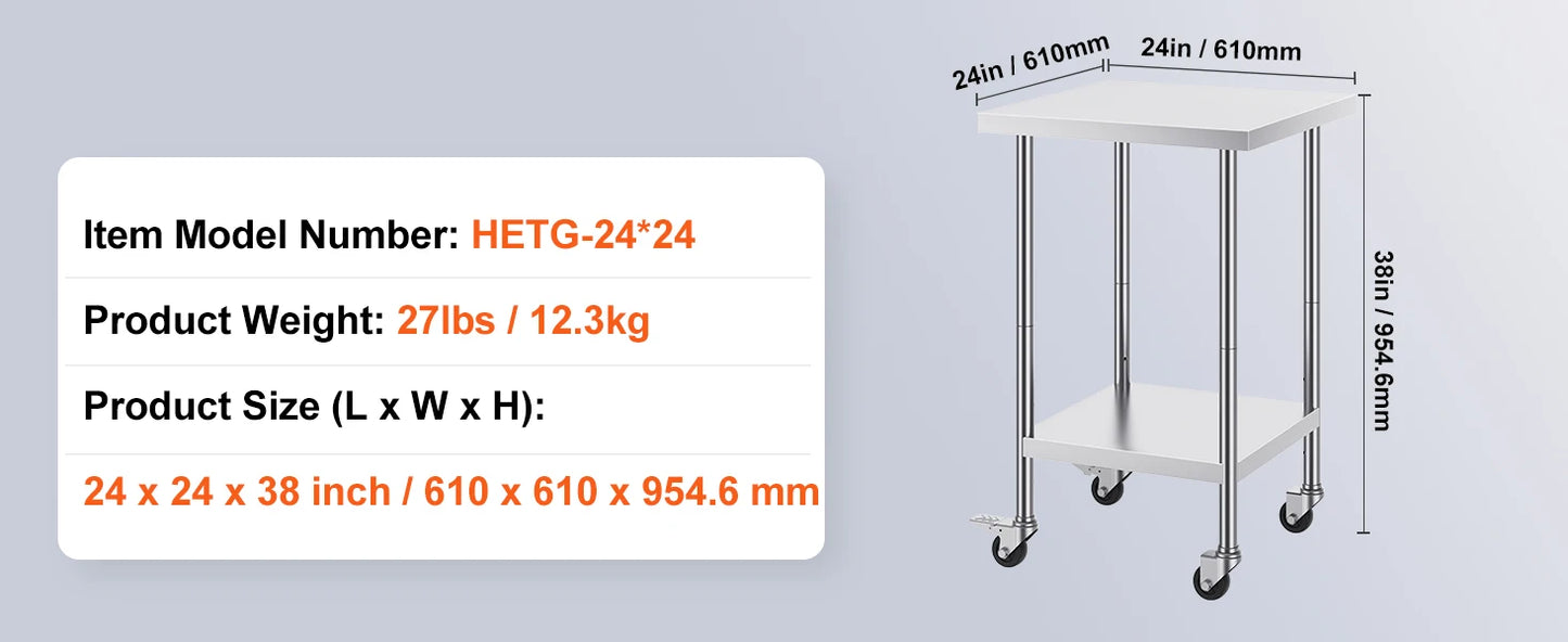 Heavy Duty Stainless Steel Work Table with Wheels Adjustable Height