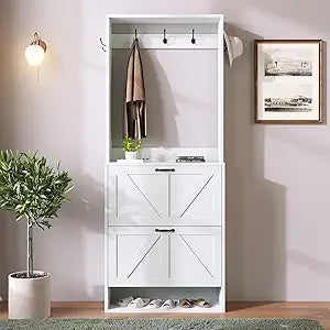 Hall Tree with Shoe Storage Farmhouse Entryway Coat Rack Organizer