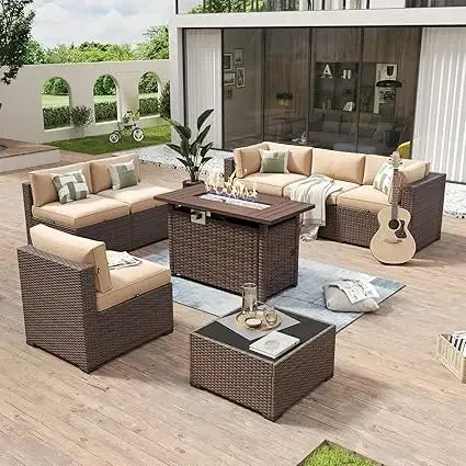 8-Piece Wicker Rattan Patio Furniture Set with Fire Pit Table and Cushions