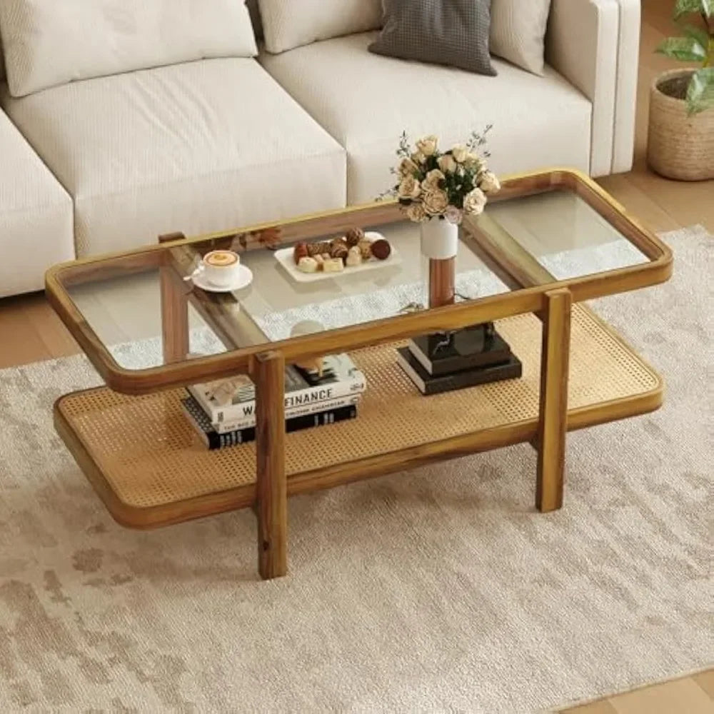 Rattan Coffee Table 47.5" Rectangle Solid Wood Tea Table with Storage