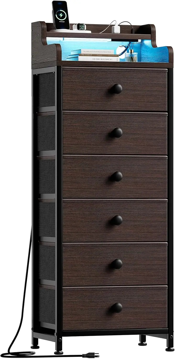 Dresser Bedroom Charging Station LED Lights 6 Drawers Tall Night Stand