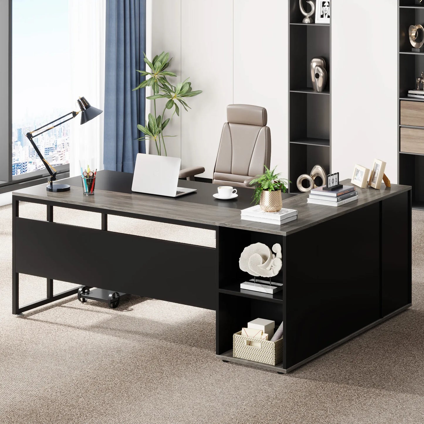 L Shaped Executive Desk with Storage Cabinet 71 Inch Office Furniture