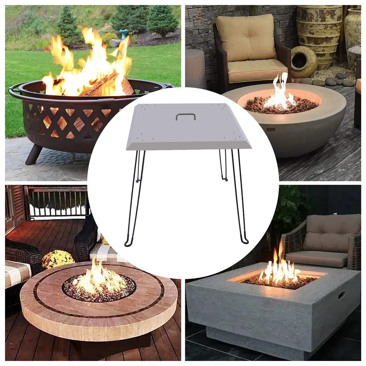 Stainless Steel Fire Pit Heat Deflector Square Lid with Foldable Legs