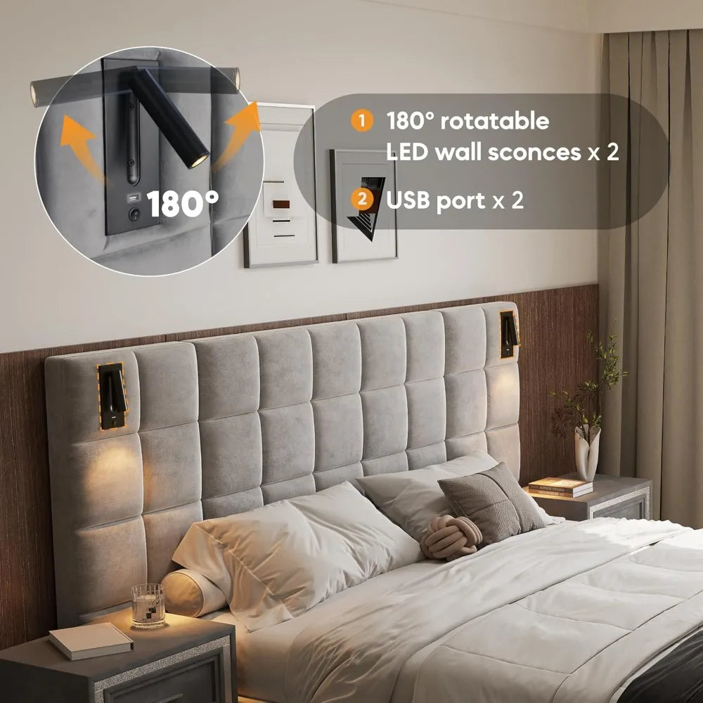 King Platform Bed Frame with Velvet Headboard and LED Sconces