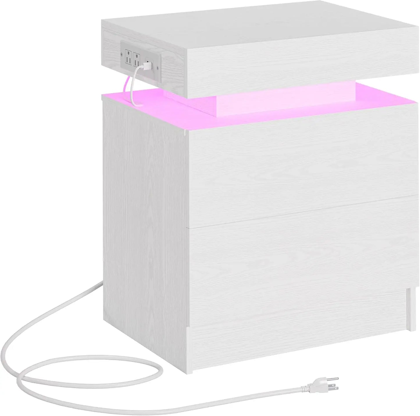 Modern Bedside Table with Charging Station LED Lights and Drawers