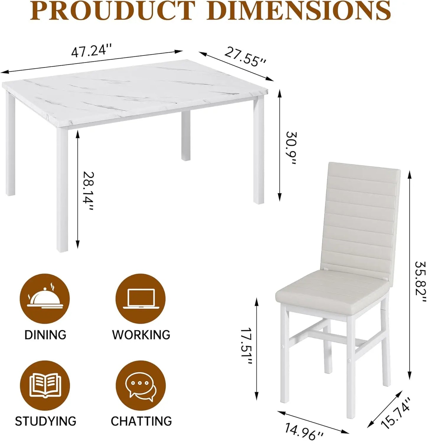 Dining Table Set for 4 Marble Top with Comfortable PU Leather Chairs
