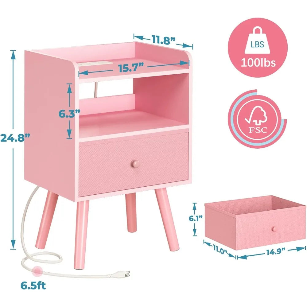 Nightstand with Charging Station LED Lights Modern Bedroom Furniture