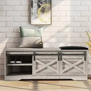 Modern Shoe Bench Storage Cabinet with Sliding Barn Door for Entryway